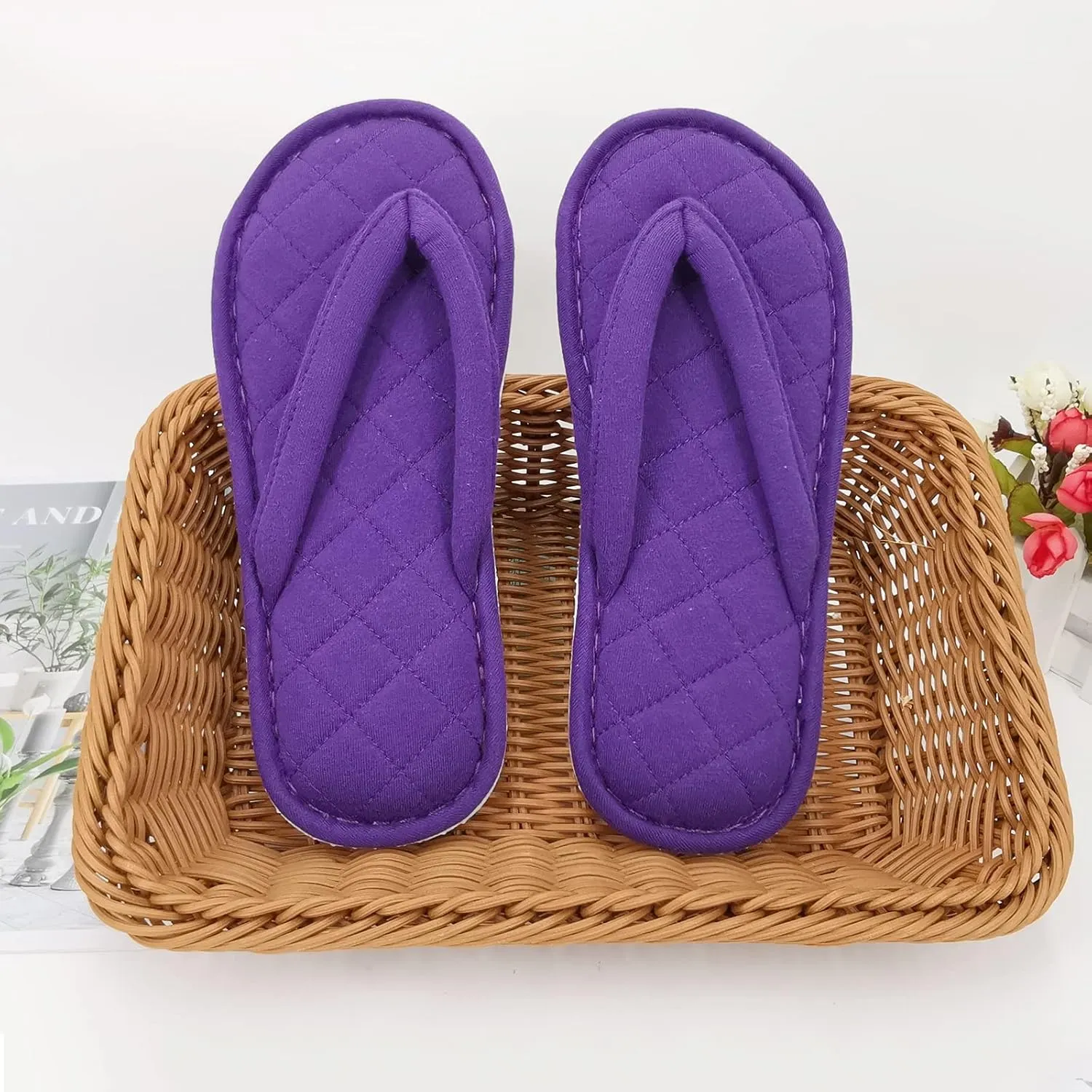ofoot Women's Cozy Cotton House Slippers Thong Flip Flops Memory Foam Insole Open Toe Indoor Slip On Shoes