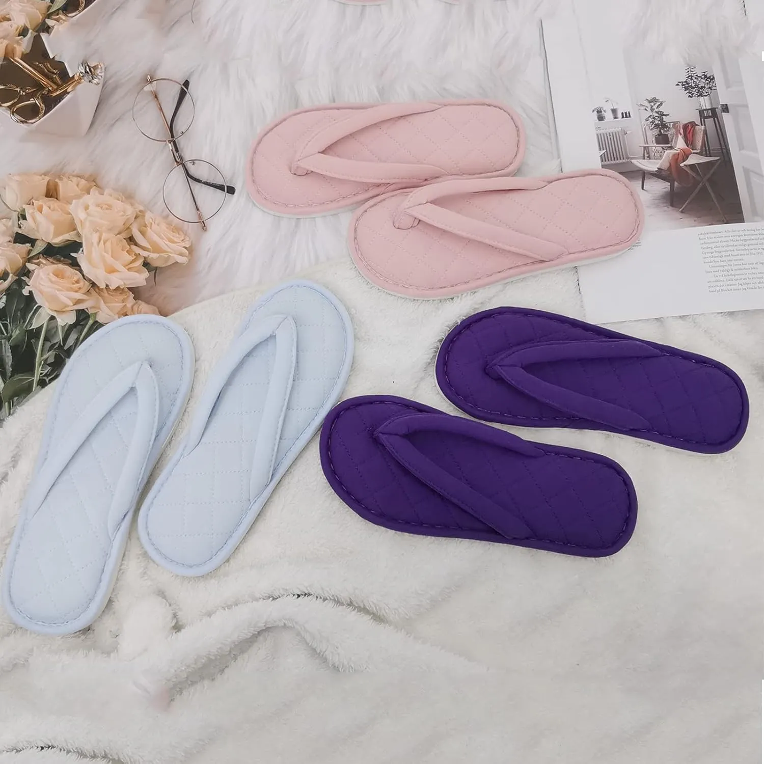 ofoot Women's Cozy Cotton House Slippers Thong Flip Flops Memory Foam Insole Open Toe Indoor Slip On Shoes