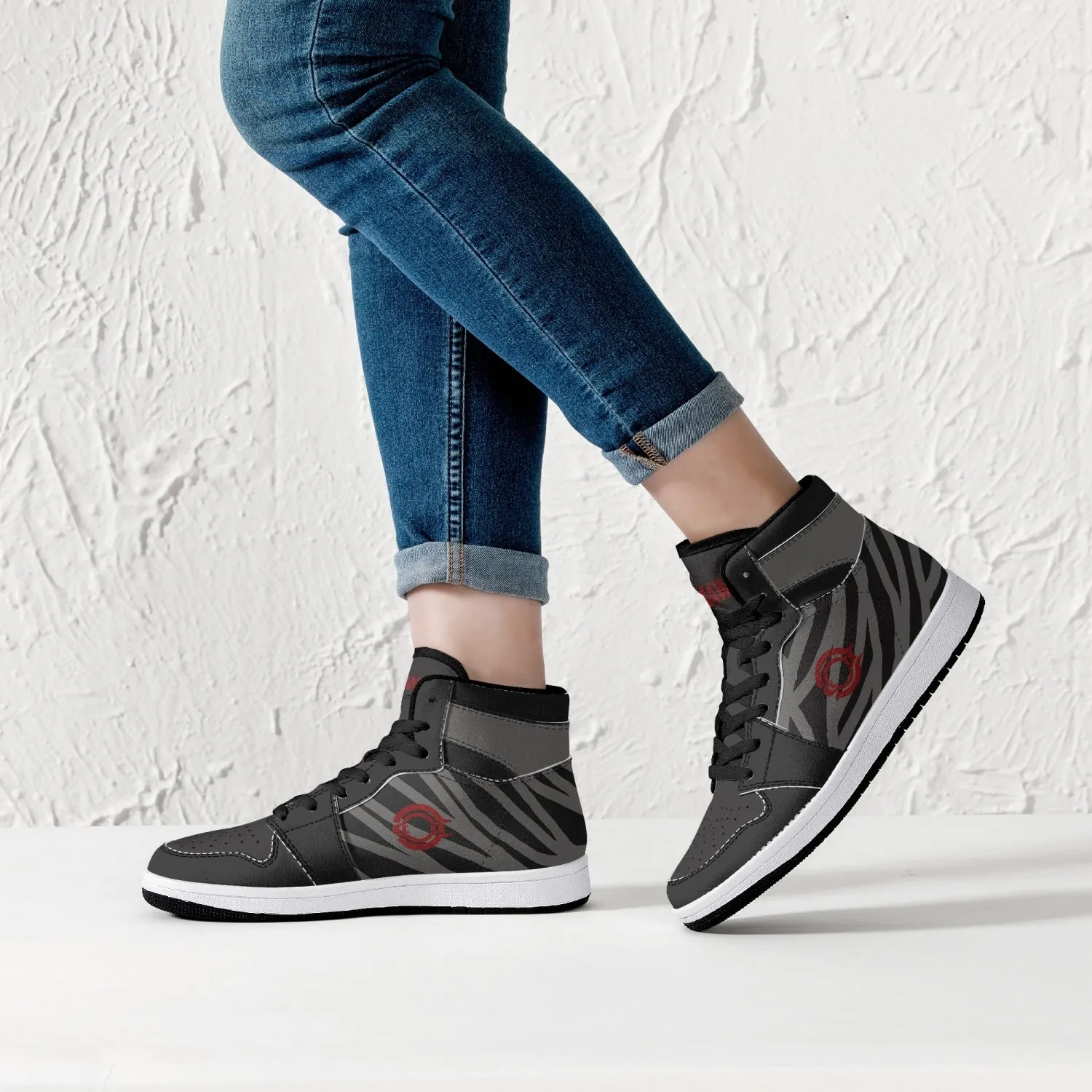 OOTAMAWAE Original Brand High-Top Leather Sneakers -  Black and Grey Stripes