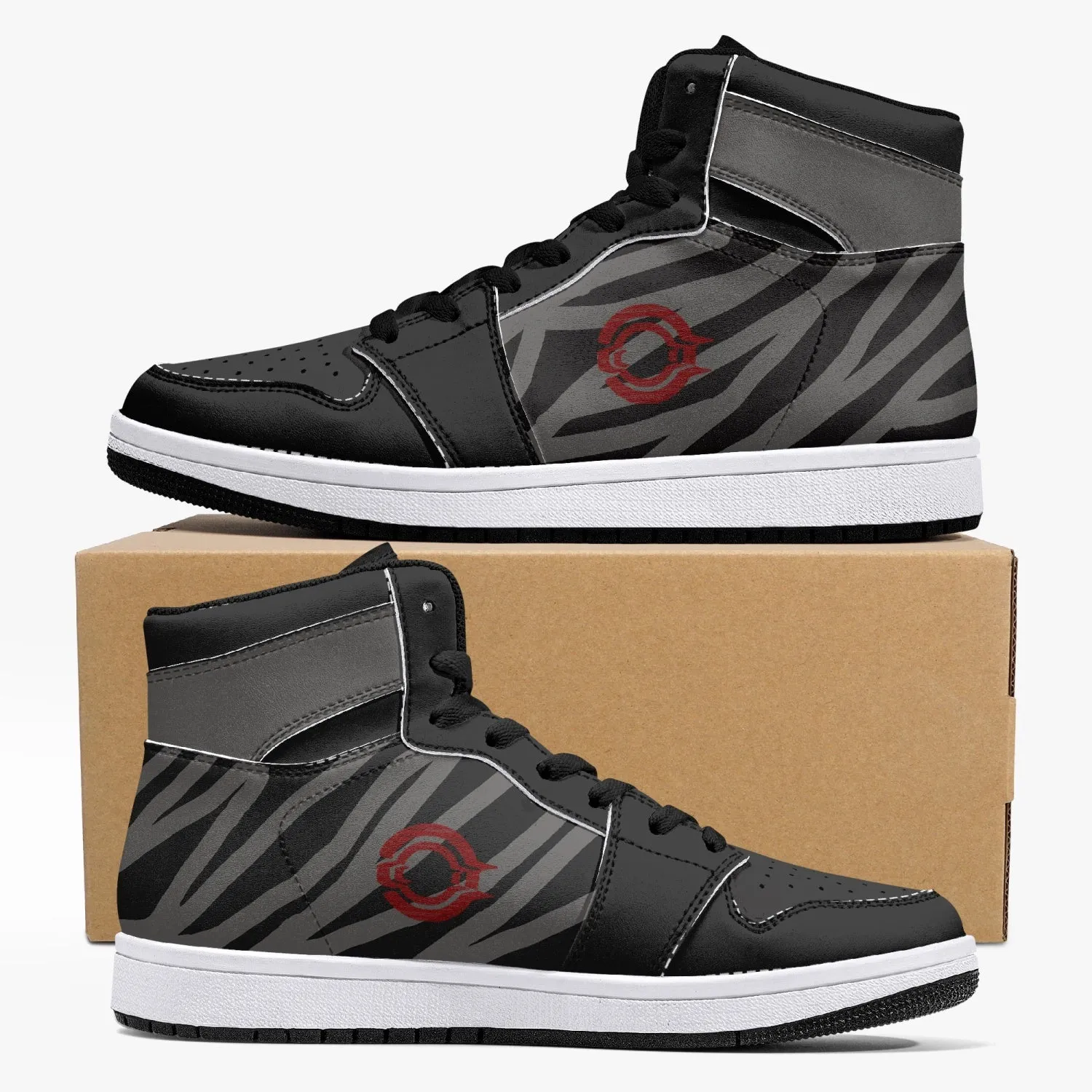 OOTAMAWAE Original Brand High-Top Leather Sneakers -  Black and Grey Stripes