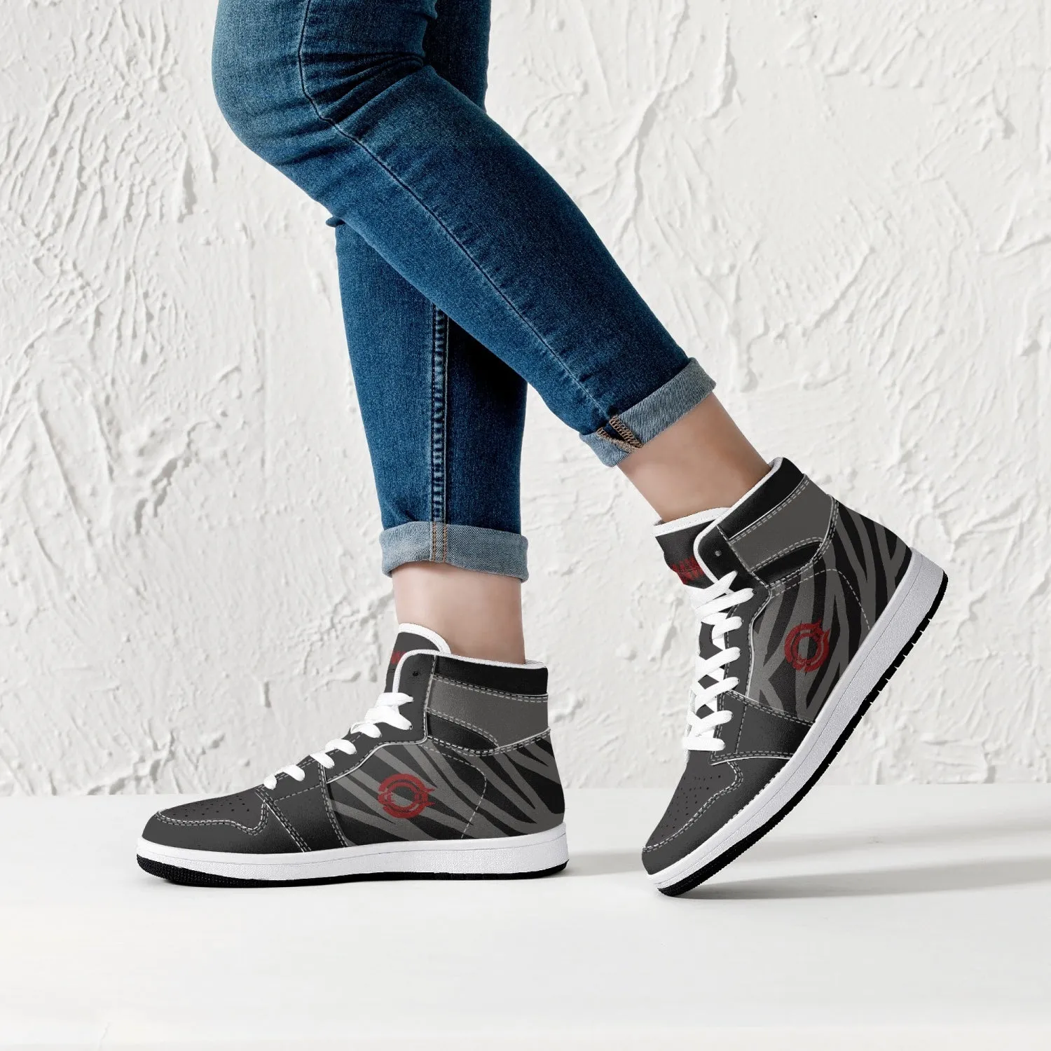 OOTAMAWAE Original Brand High-Top Leather Sneakers -  Black and Grey Stripes