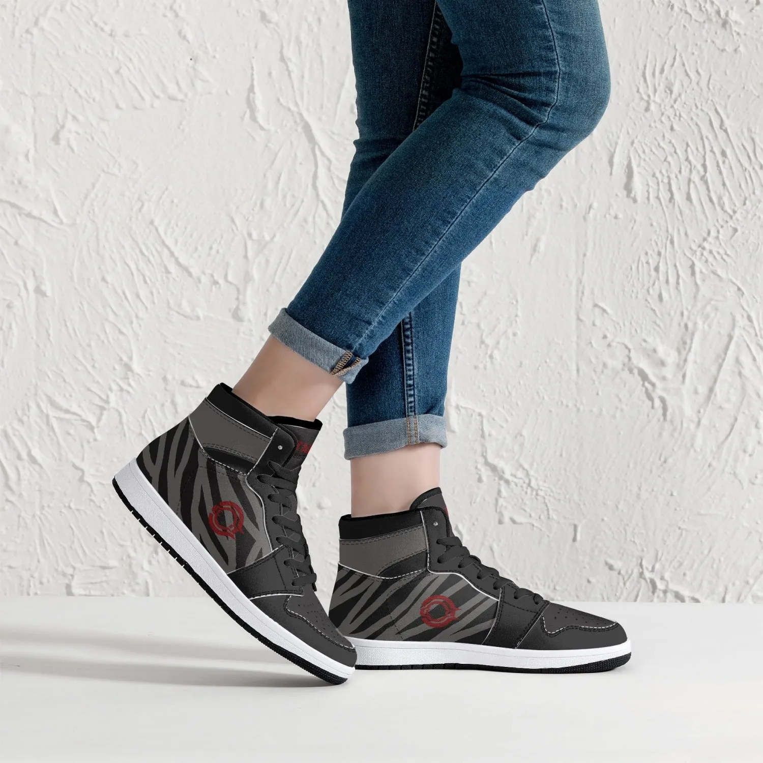 OOTAMAWAE Original Brand High-Top Leather Sneakers -  Black and Grey Stripes