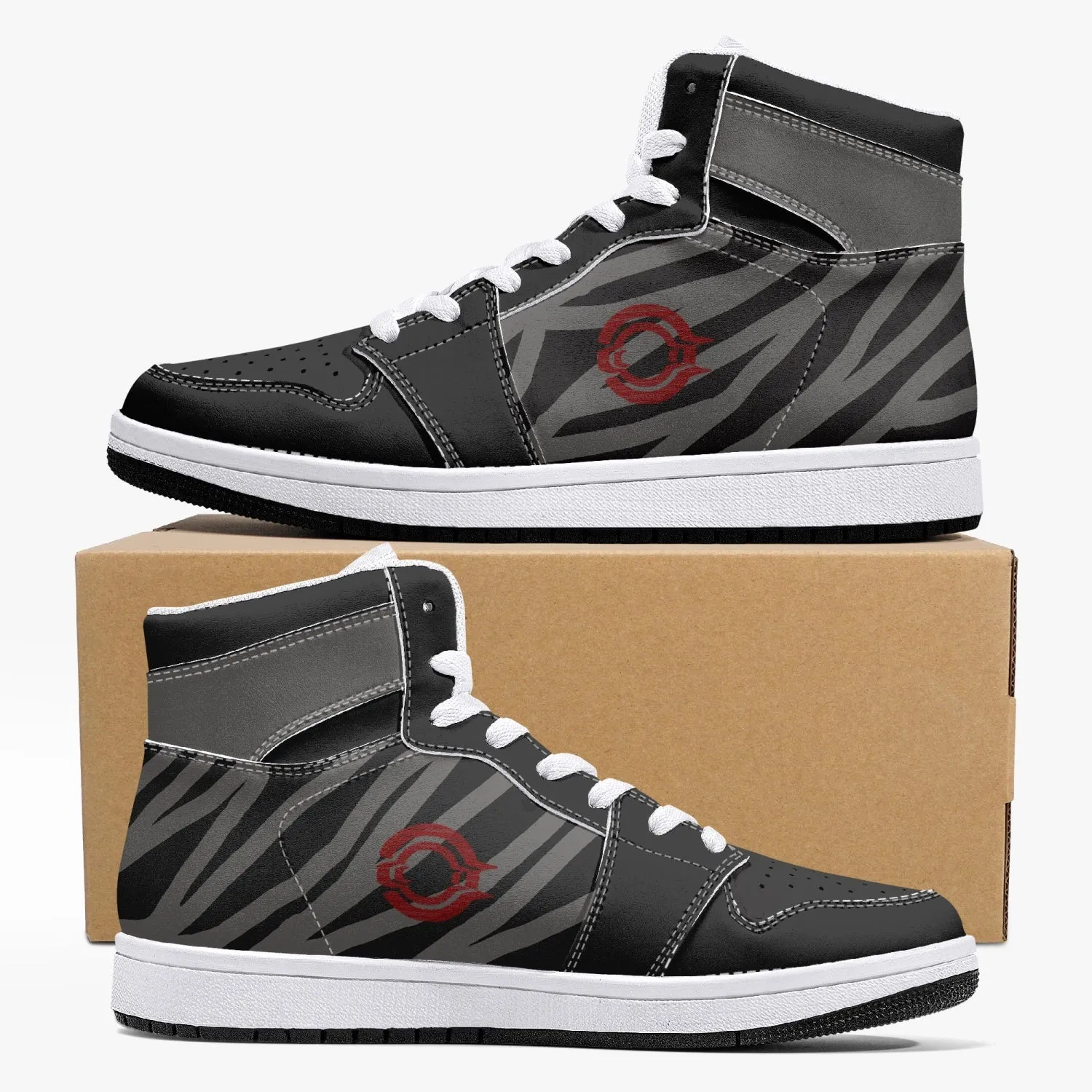 OOTAMAWAE Original Brand High-Top Leather Sneakers -  Black and Grey Stripes