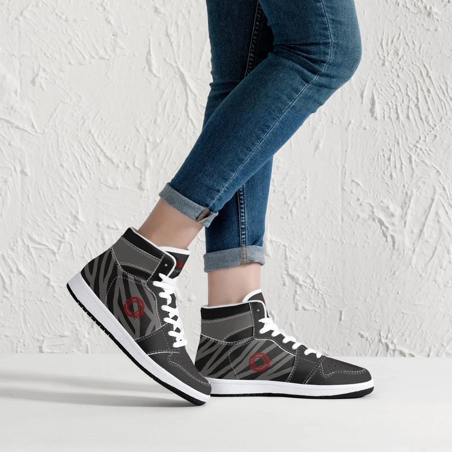 OOTAMAWAE Original Brand High-Top Leather Sneakers -  Black and Grey Stripes