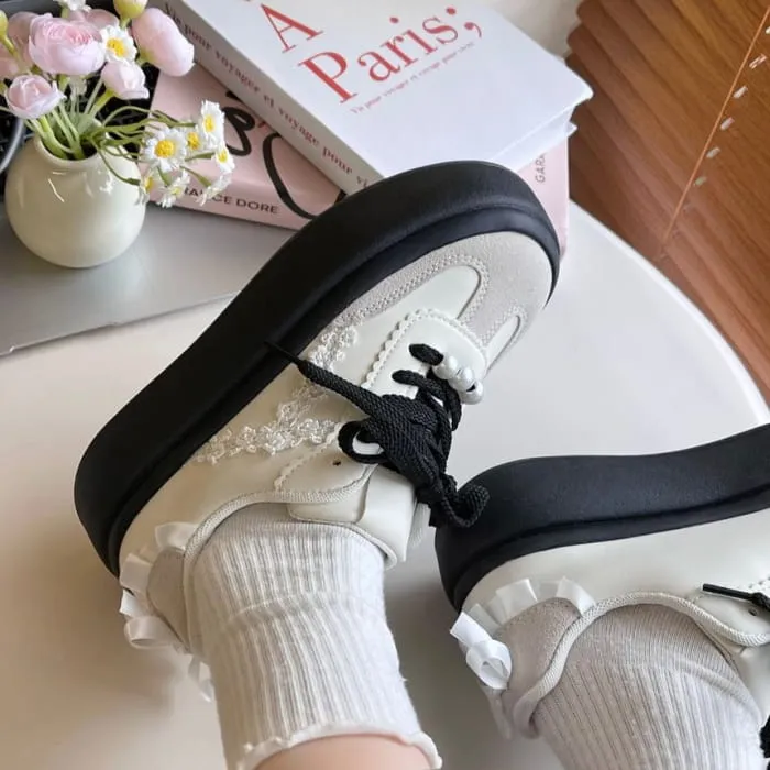 Platform Faux Pearl Bow Panel Sneakers