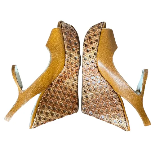 PRADA Brown Leather Ankle Strap Jute Trim Wedge Sandals, Size 39.5