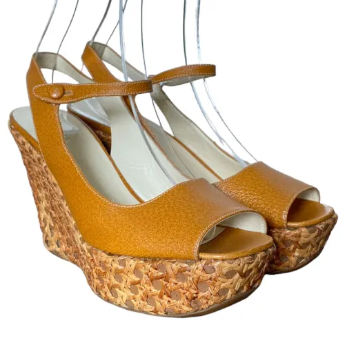 PRADA Brown Leather Ankle Strap Jute Trim Wedge Sandals, Size 39.5