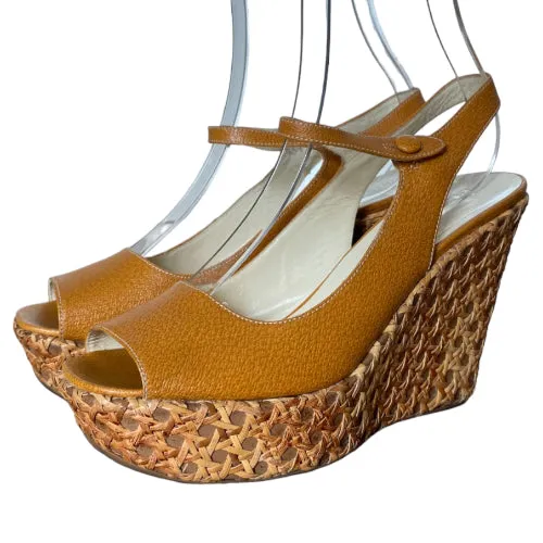 PRADA Brown Leather Ankle Strap Jute Trim Wedge Sandals, Size 39.5