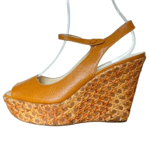 PRADA Brown Leather Ankle Strap Jute Trim Wedge Sandals, Size 39.5