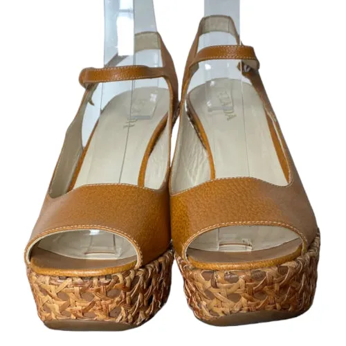PRADA Brown Leather Ankle Strap Jute Trim Wedge Sandals, Size 39.5