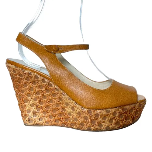 PRADA Brown Leather Ankle Strap Jute Trim Wedge Sandals, Size 39.5