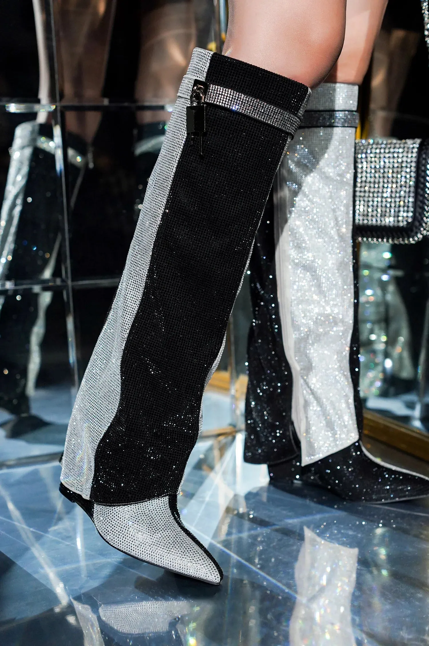 Rhinestone Fold Over Wedge Padlock Boots Anitta Cape Robbin