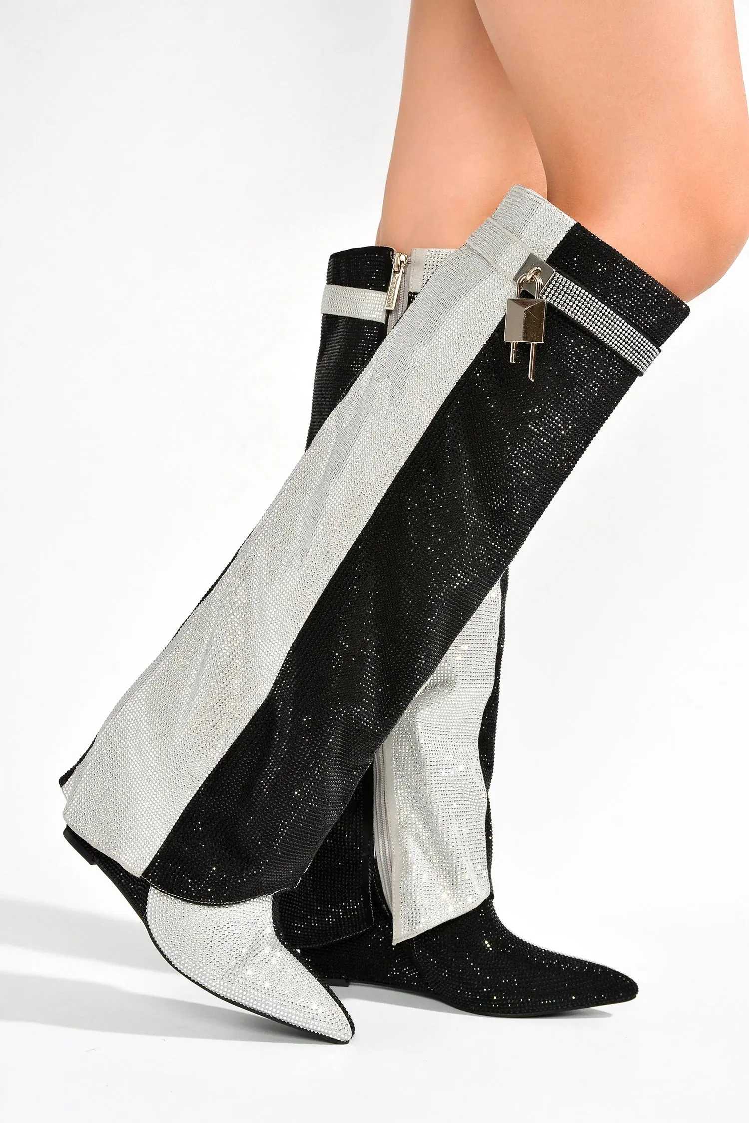 Rhinestone Fold Over Wedge Padlock Boots Anitta Cape Robbin