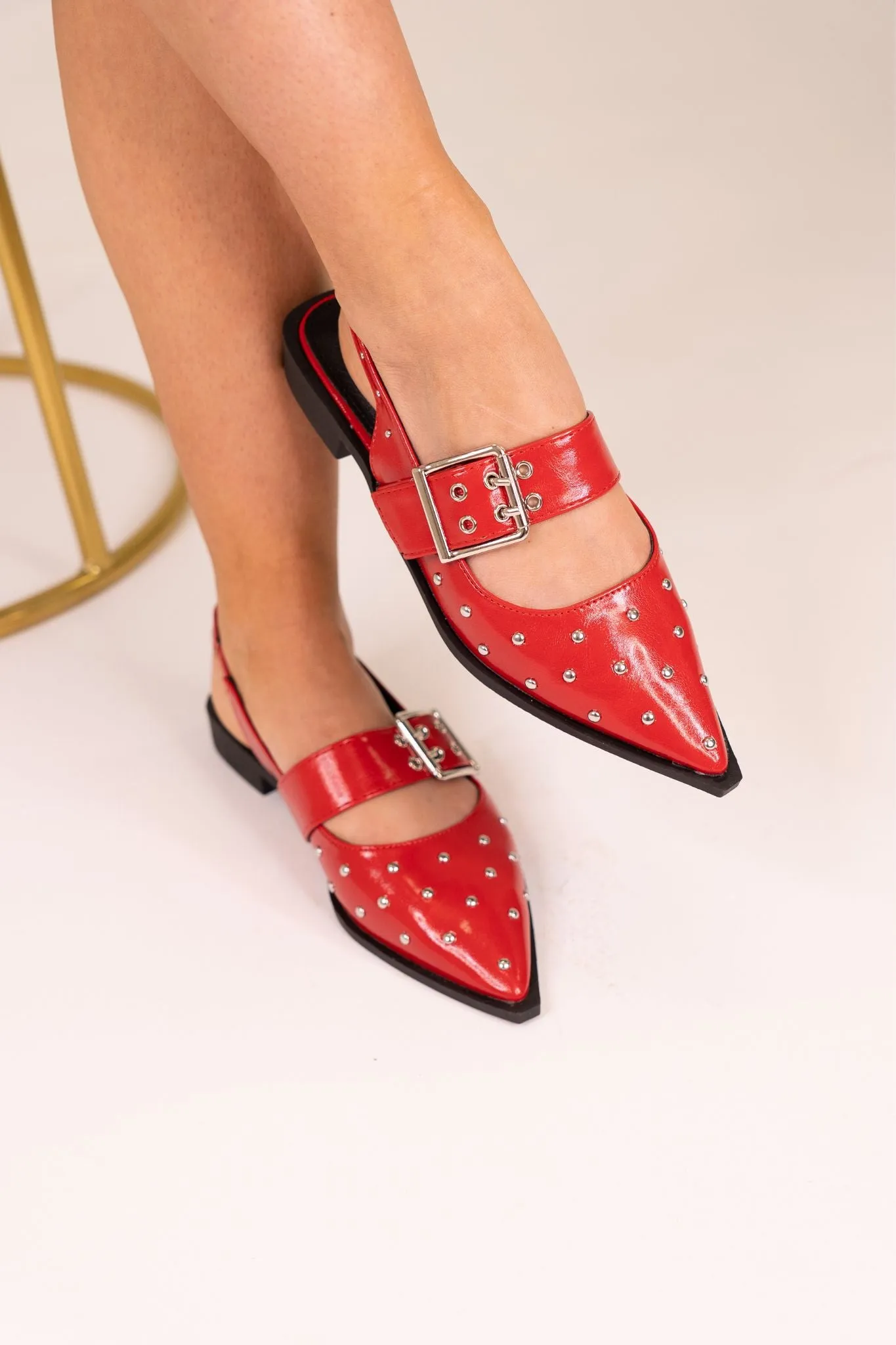Sadie Pointed Toe Studded Flats In Red