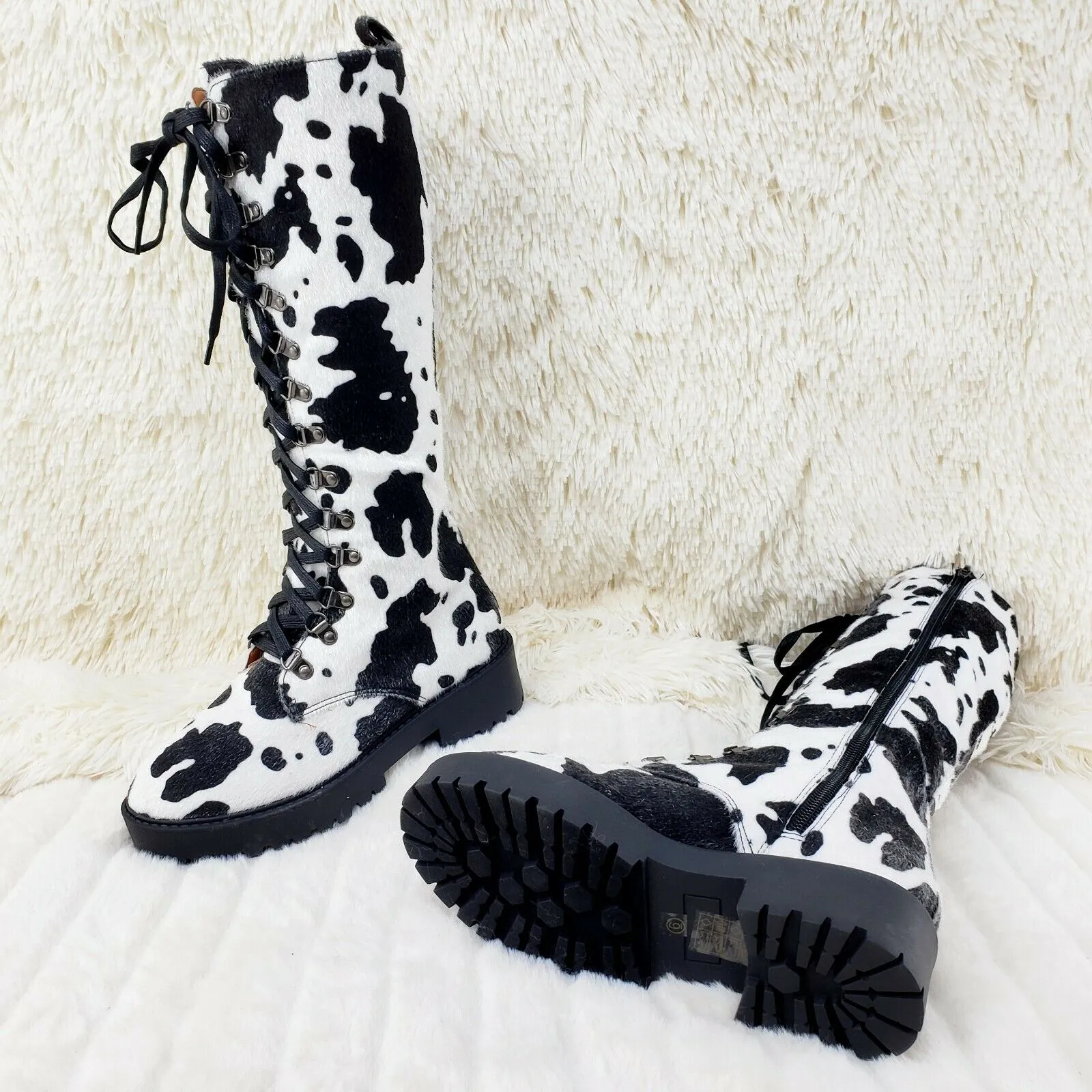 Savage Goth Punk Rock Faux Cow Fur Lace Up Platform Combat Knee Boots