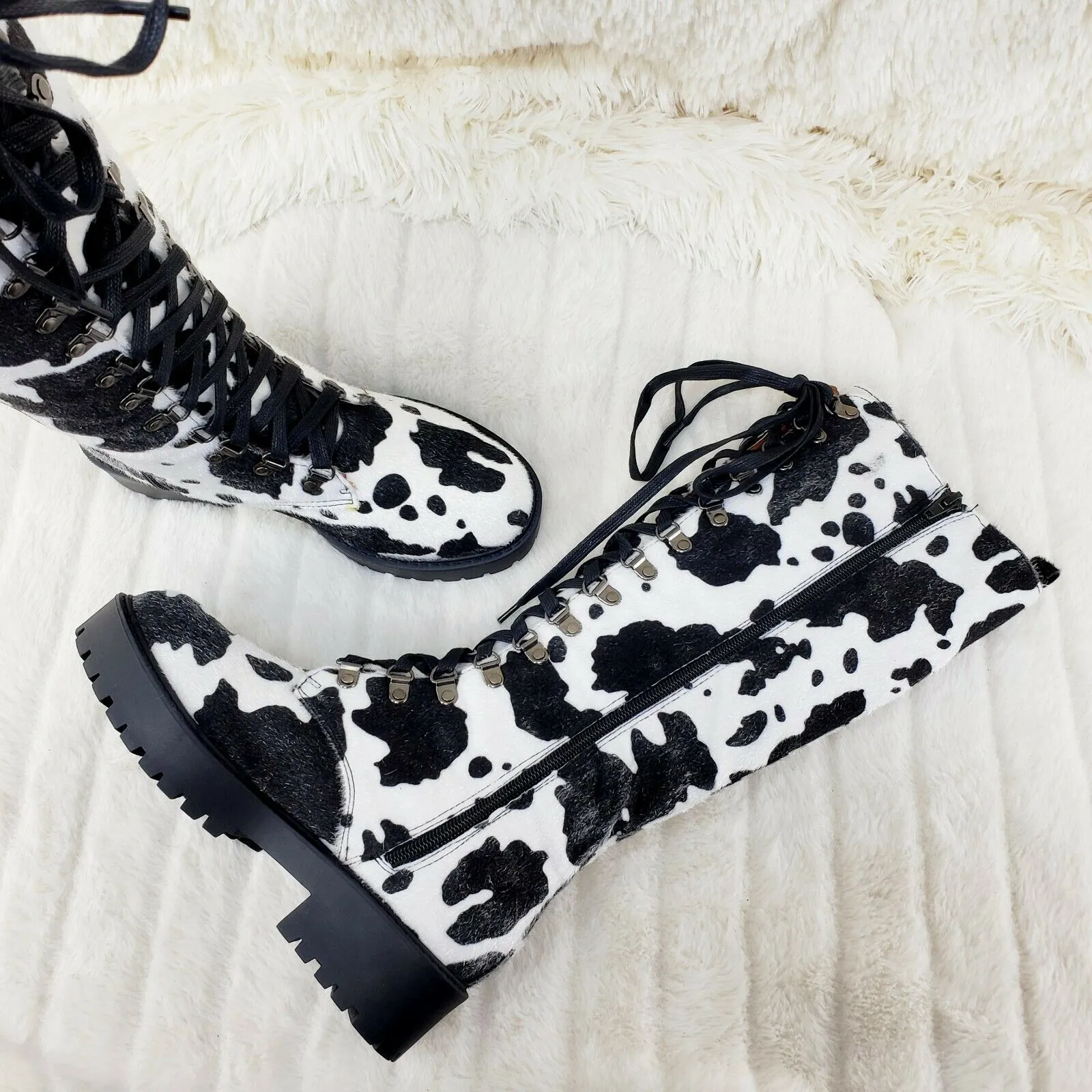 Savage Goth Punk Rock Faux Cow Fur Lace Up Platform Combat Knee Boots