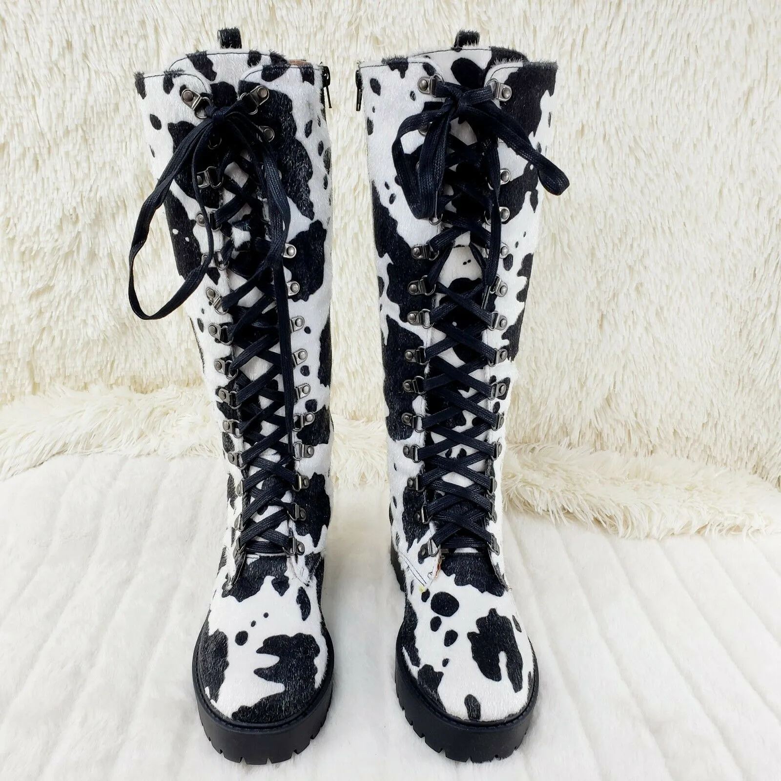 Savage Goth Punk Rock Faux Cow Fur Lace Up Platform Combat Knee Boots