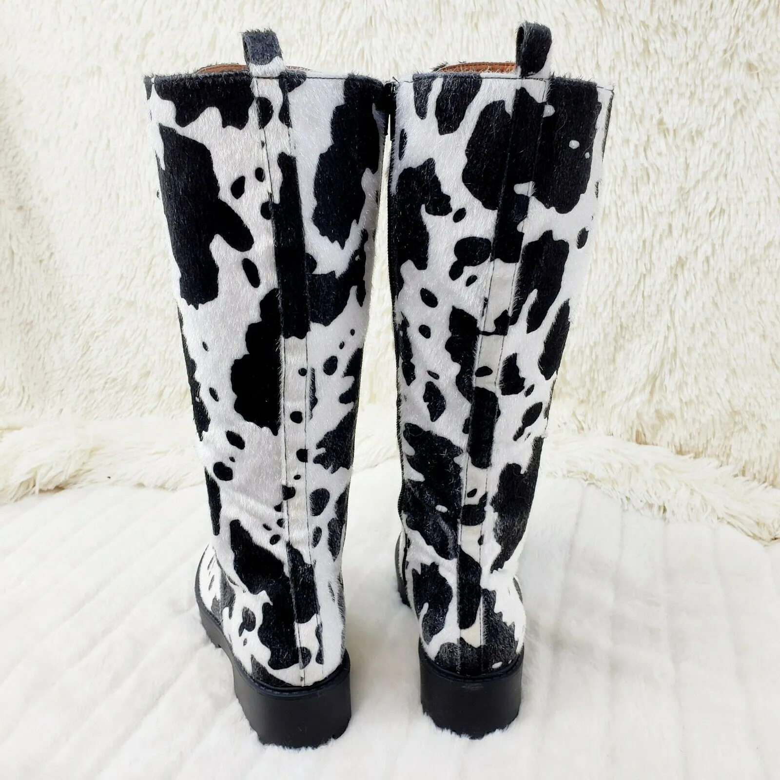 Savage Goth Punk Rock Faux Cow Fur Lace Up Platform Combat Knee Boots