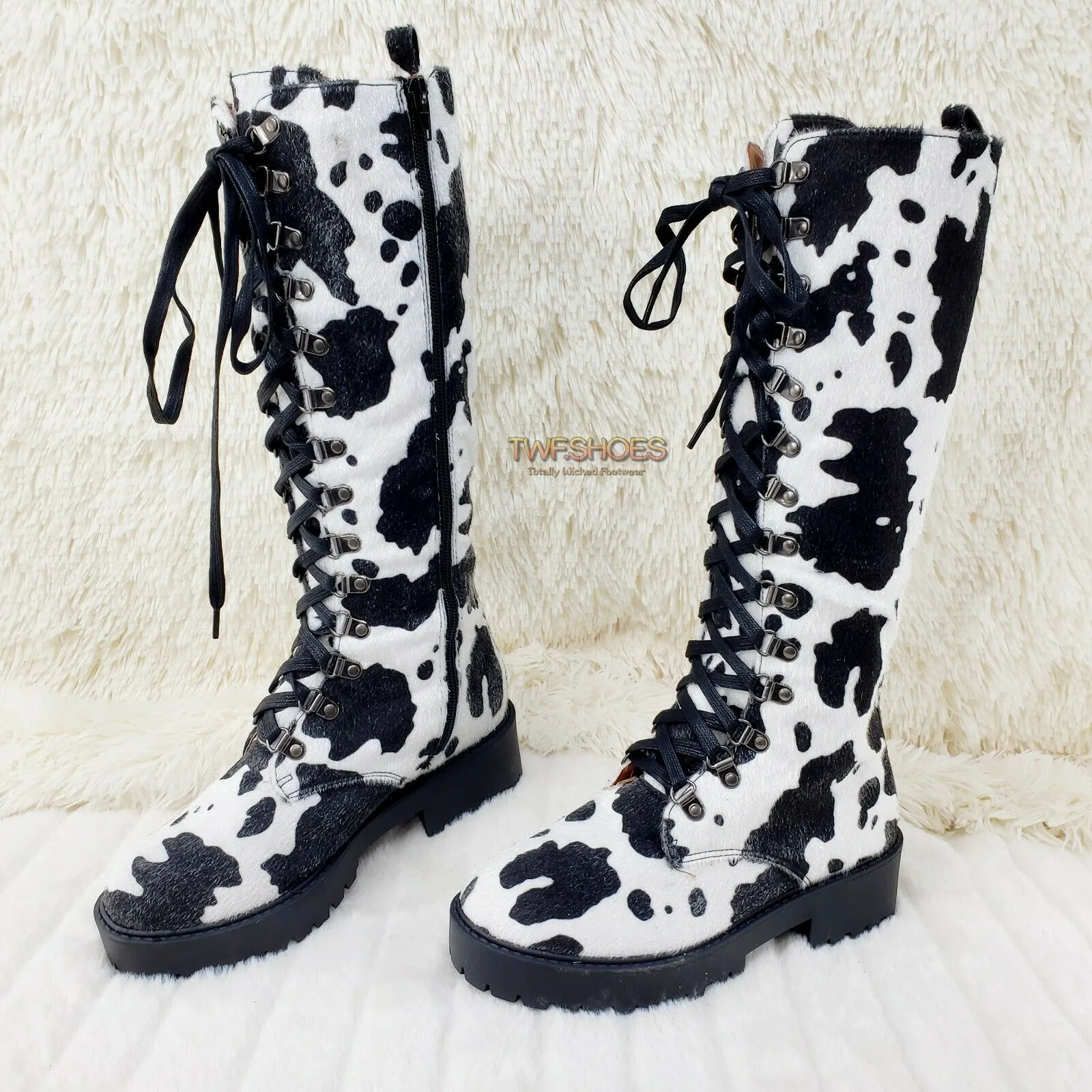 Savage Goth Punk Rock Faux Cow Fur Lace Up Platform Combat Knee Boots