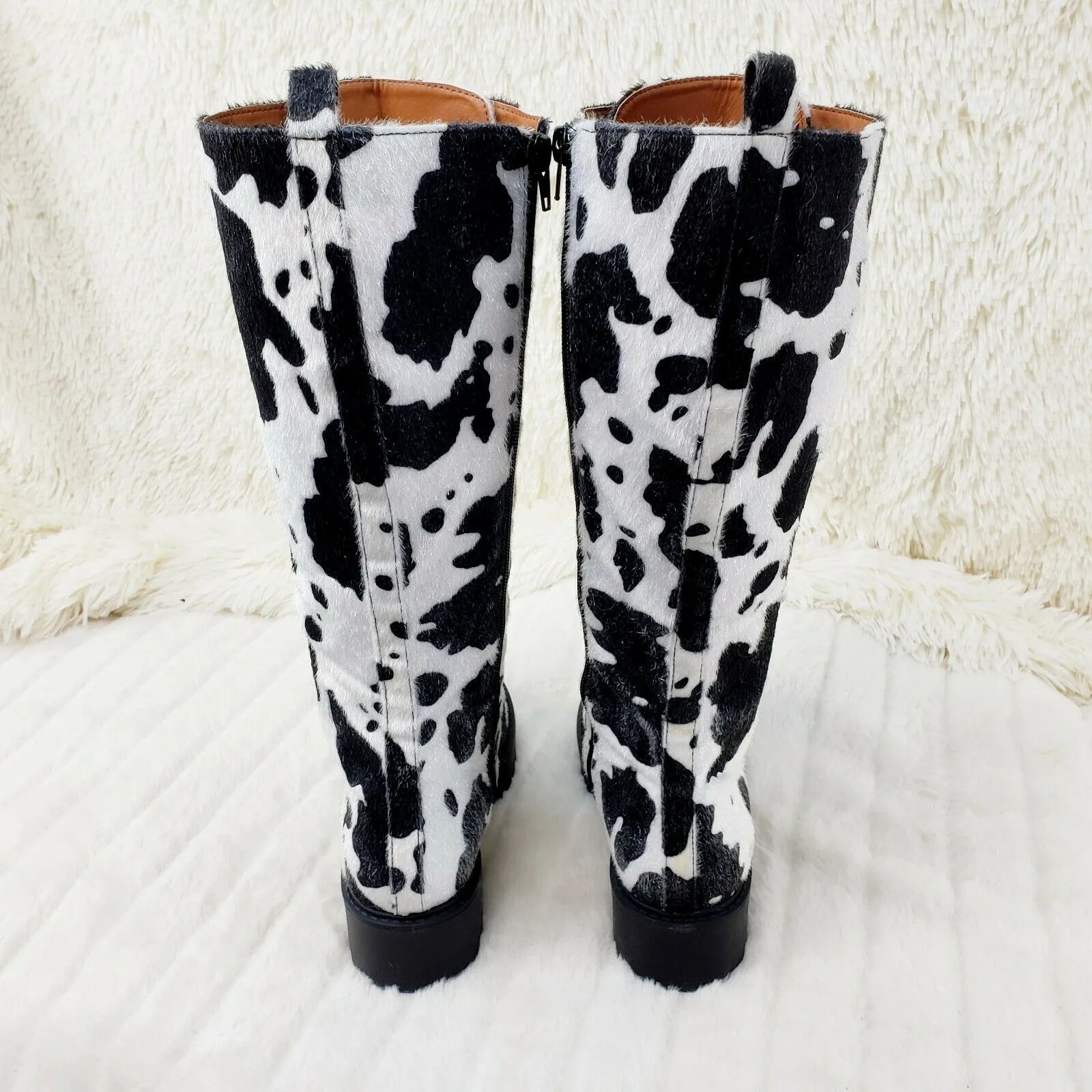 Savage Goth Punk Rock Faux Cow Fur Lace Up Platform Combat Knee Boots