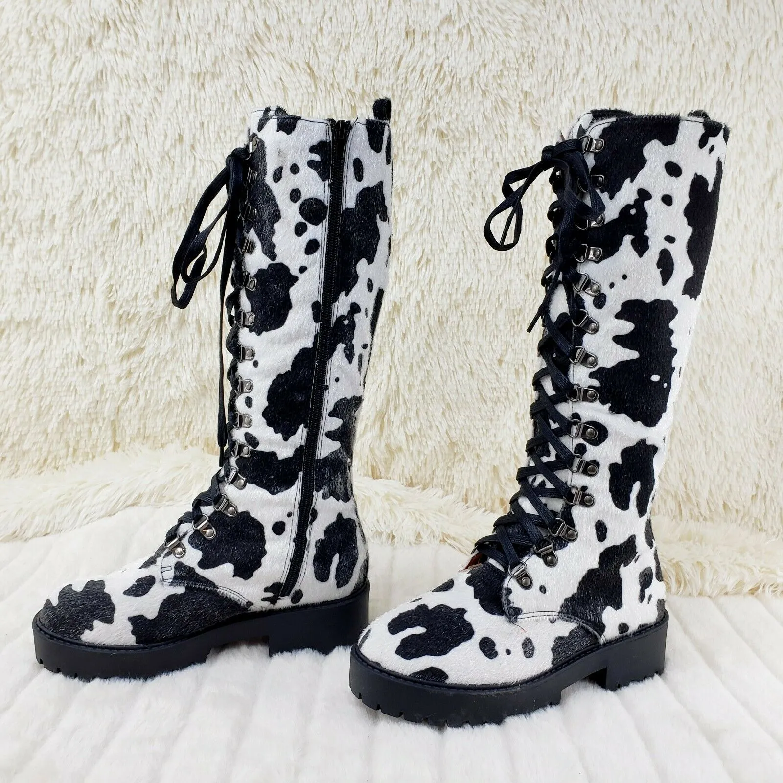 Savage Goth Punk Rock Faux Cow Fur Lace Up Platform Combat Knee Boots