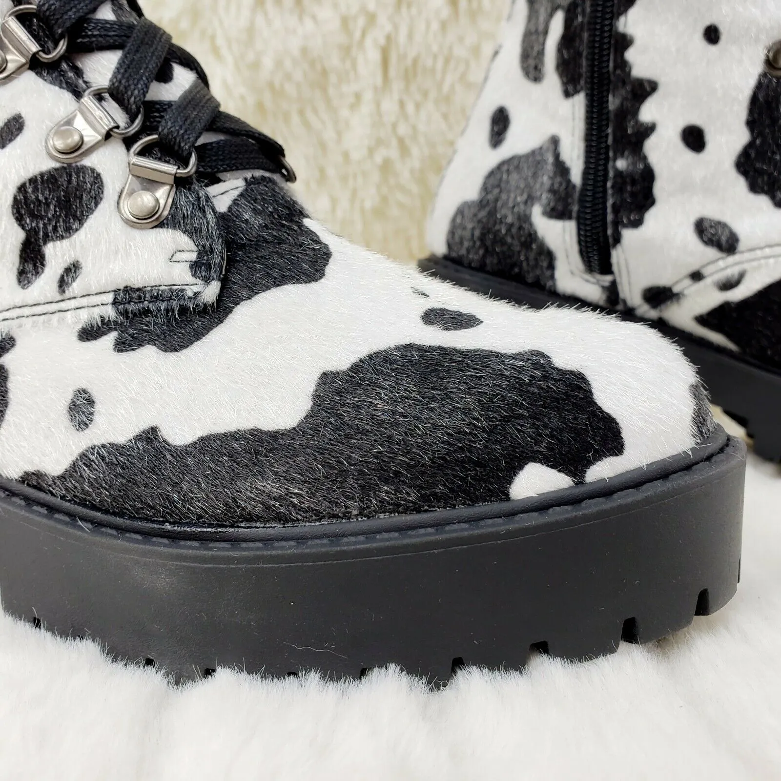Savage Goth Punk Rock Faux Cow Fur Lace Up Platform Combat Knee Boots