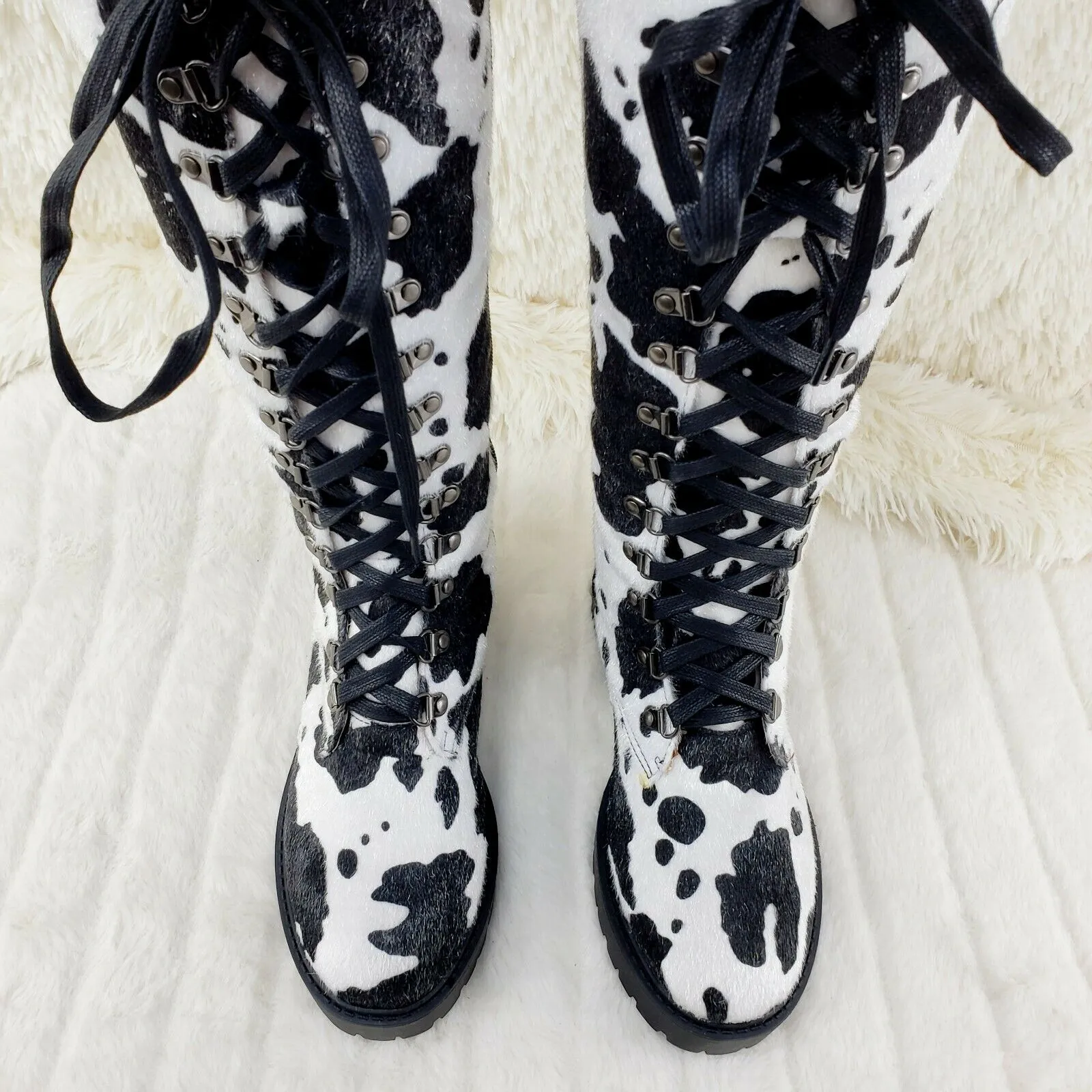 Savage Goth Punk Rock Faux Cow Fur Lace Up Platform Combat Knee Boots