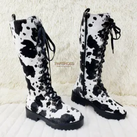 Savage Goth Punk Rock Faux Cow Fur Lace Up Platform Combat Knee Boots
