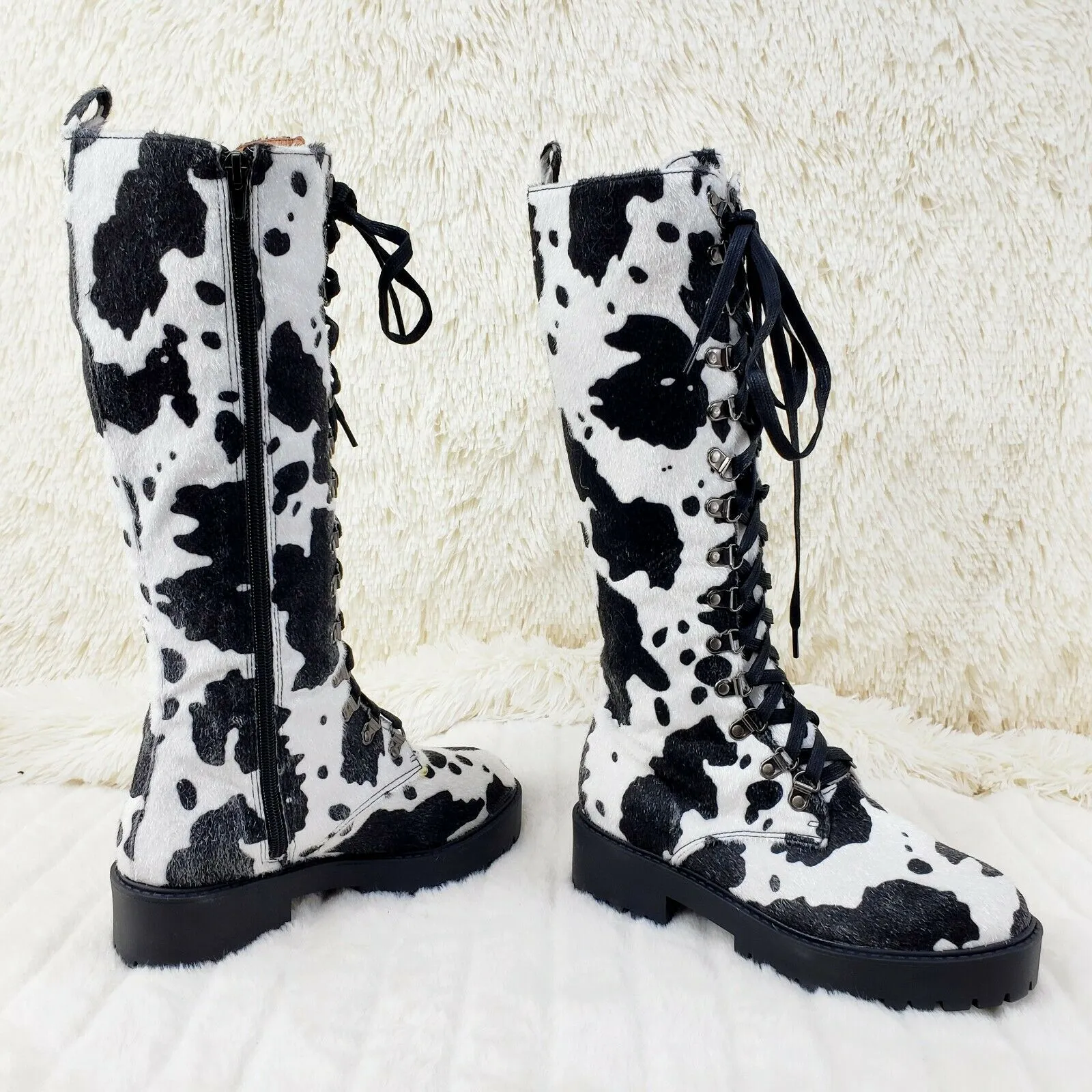 Savage Goth Punk Rock Faux Cow Fur Lace Up Platform Combat Knee Boots
