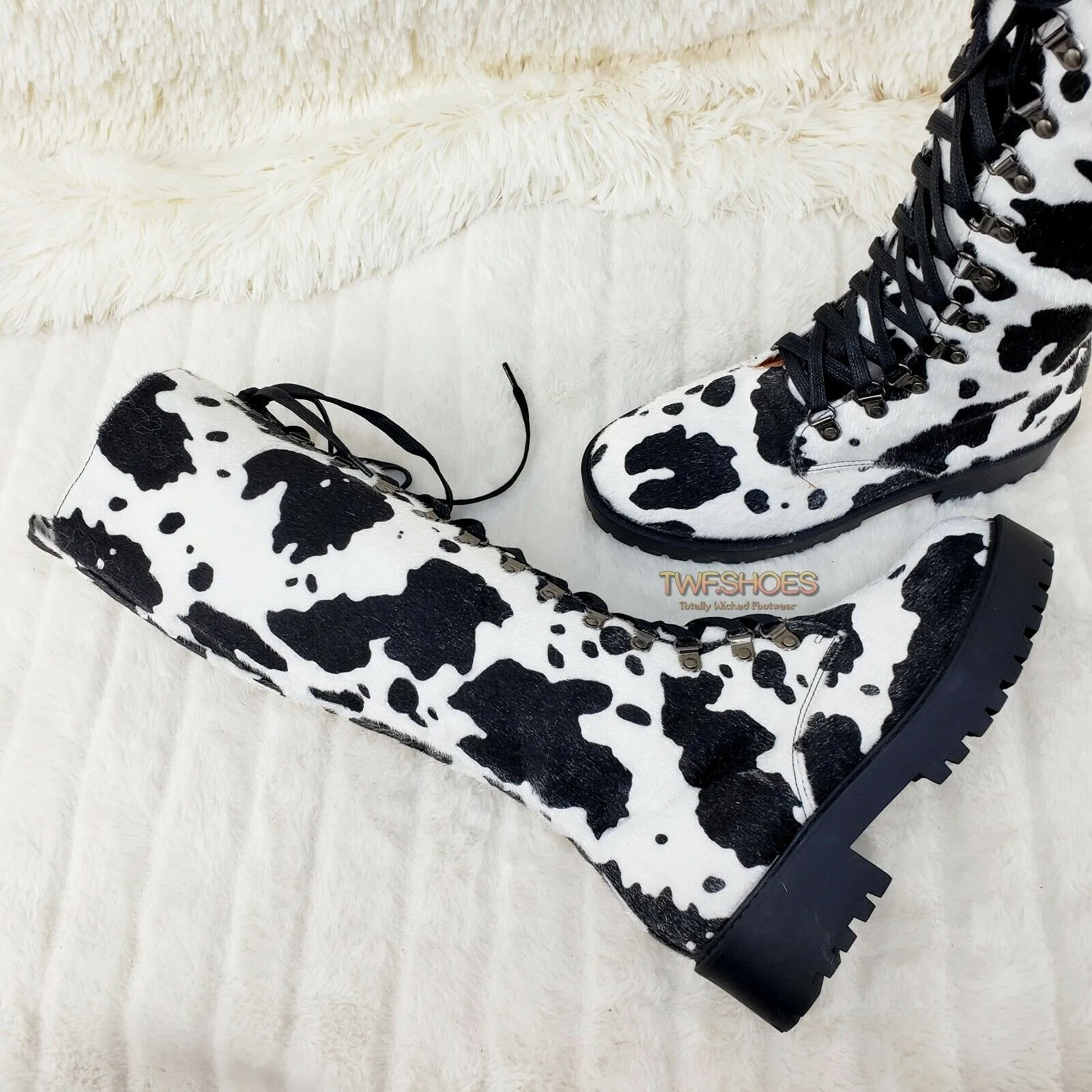 Savage Goth Punk Rock Faux Cow Fur Lace Up Platform Combat Knee Boots