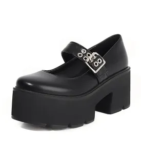 Solid Color Glossy Leather Grommet Buckle Closed Toe Platform Heel Sneakers