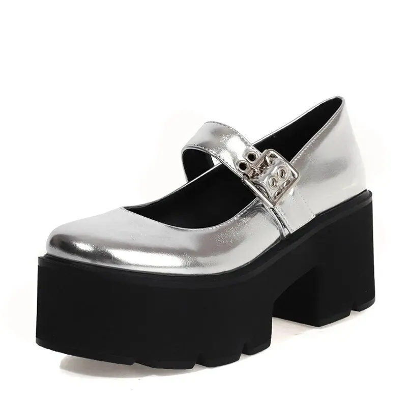Solid Color Glossy Leather Grommet Buckle Closed Toe Platform Heel Sneakers