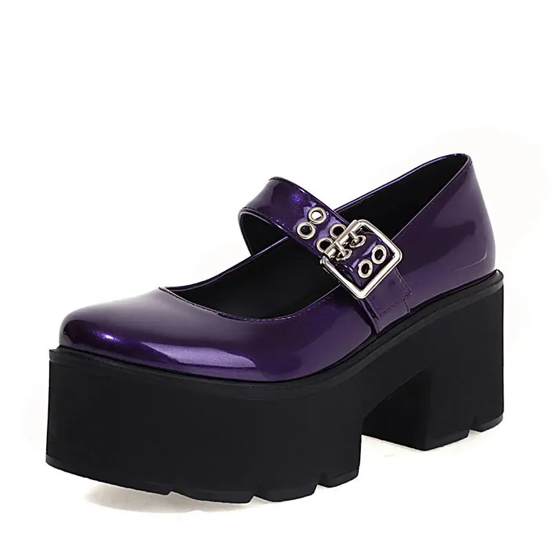 Solid Color Glossy Leather Grommet Buckle Closed Toe Platform Heel Sneakers