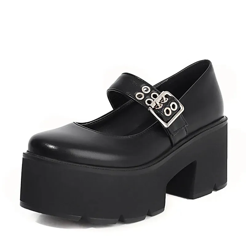 Solid Color Glossy Leather Grommet Buckle Closed Toe Platform Heel Sneakers