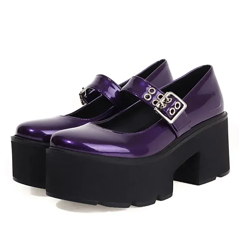 Solid Color Glossy Leather Grommet Buckle Closed Toe Platform Heel Sneakers