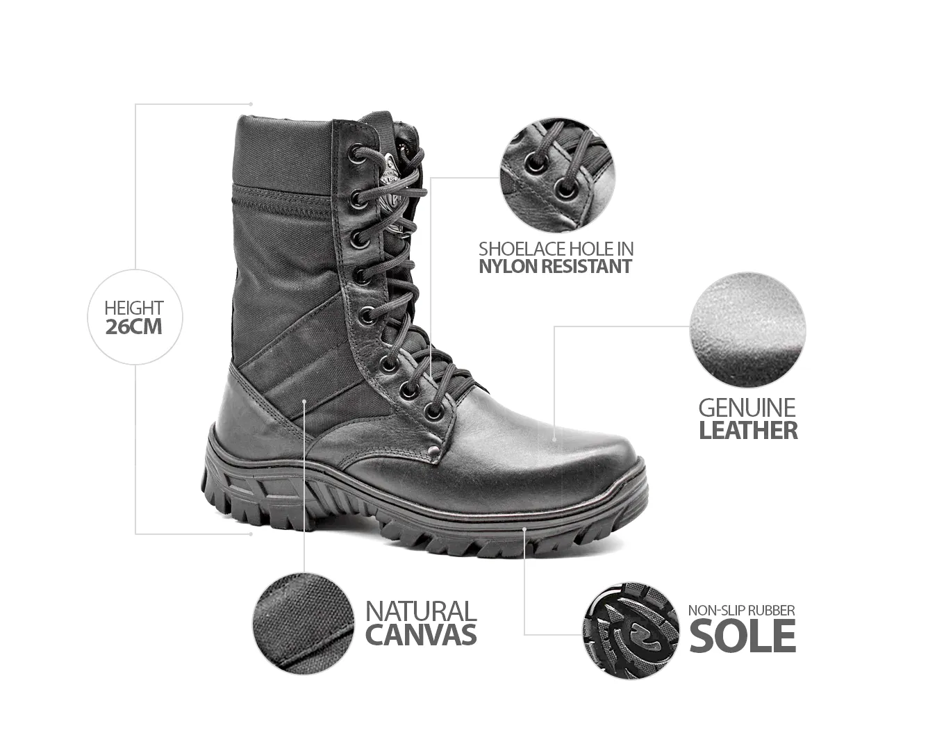 Tactical Boots Black Genuine Leather and Canvas Military Lace Up