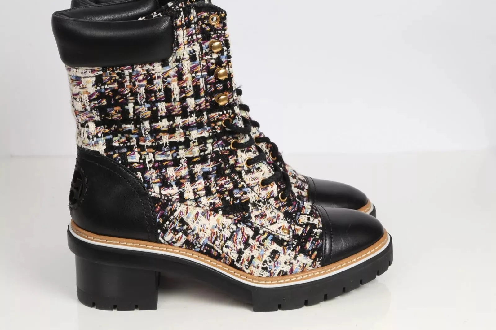 TORY BURCH MILLER TWEED MID CALFSKIN COMBAT BOOTS