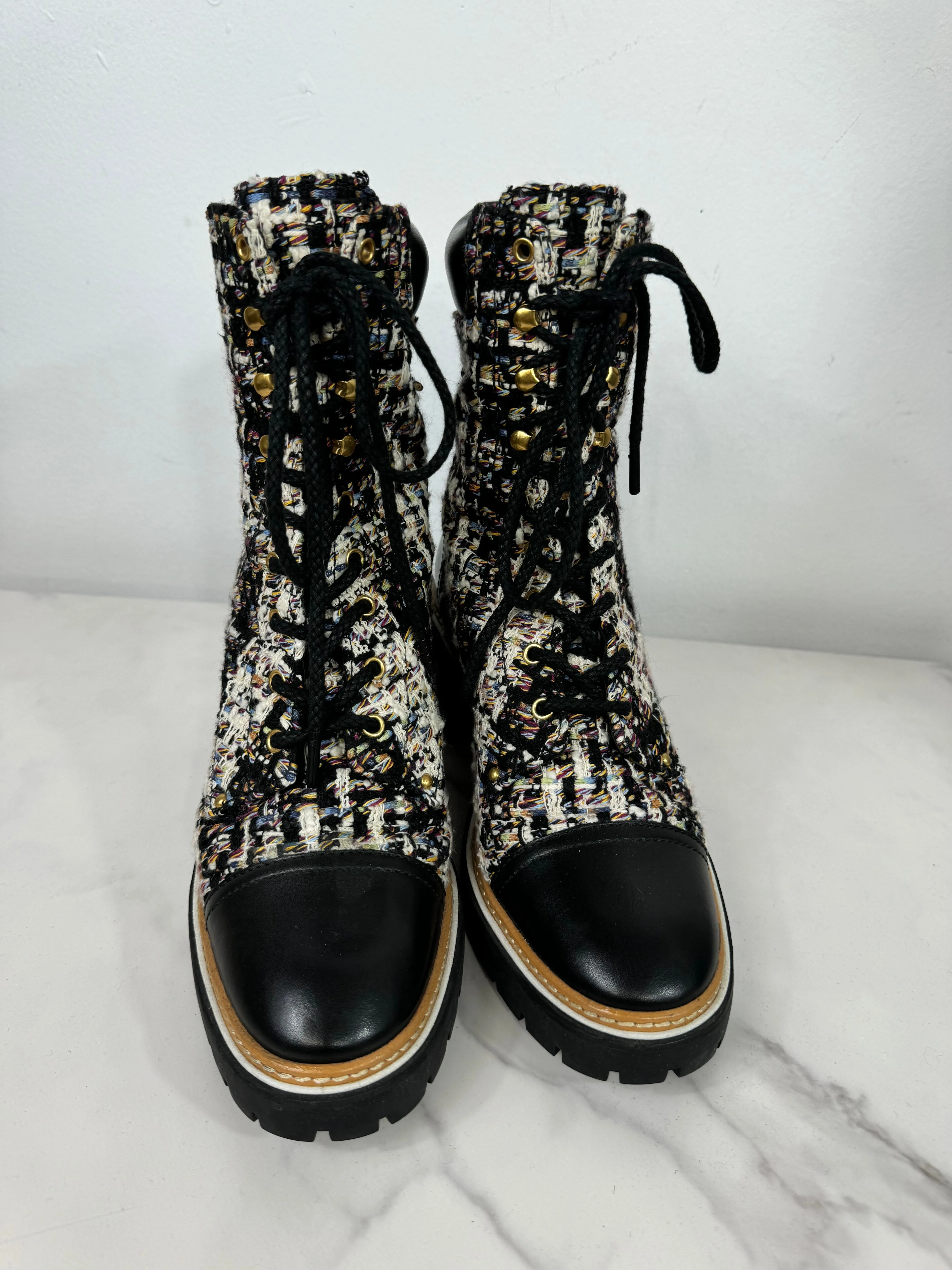TORY BURCH MILLER TWEED MID CALFSKIN COMBAT BOOTS