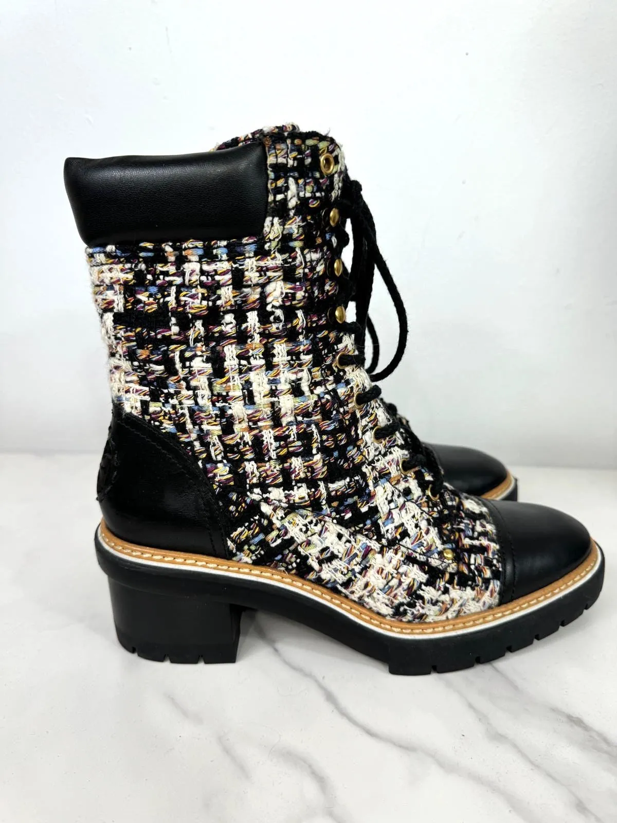 TORY BURCH MILLER TWEED MID CALFSKIN COMBAT BOOTS