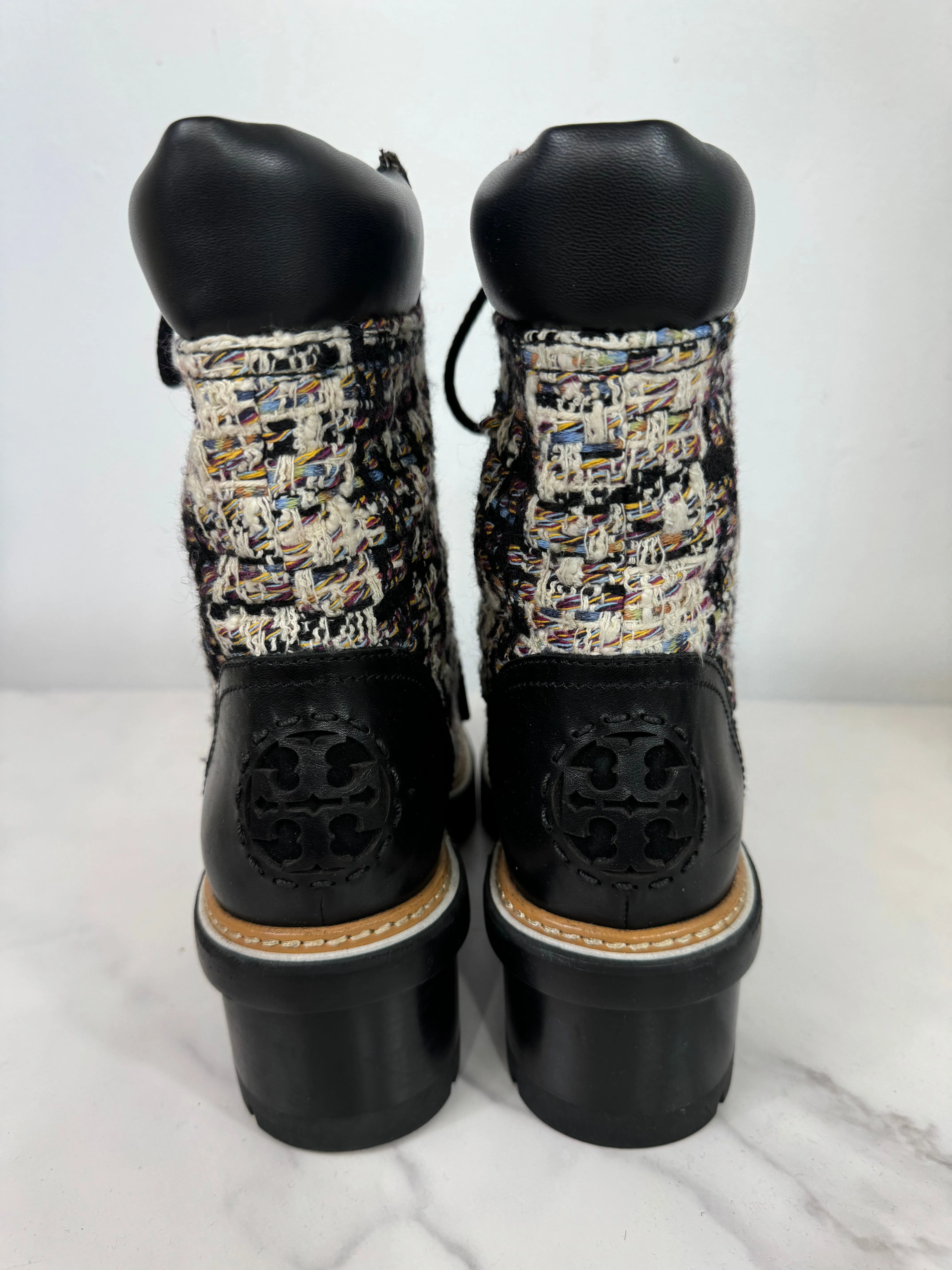 TORY BURCH MILLER TWEED MID CALFSKIN COMBAT BOOTS