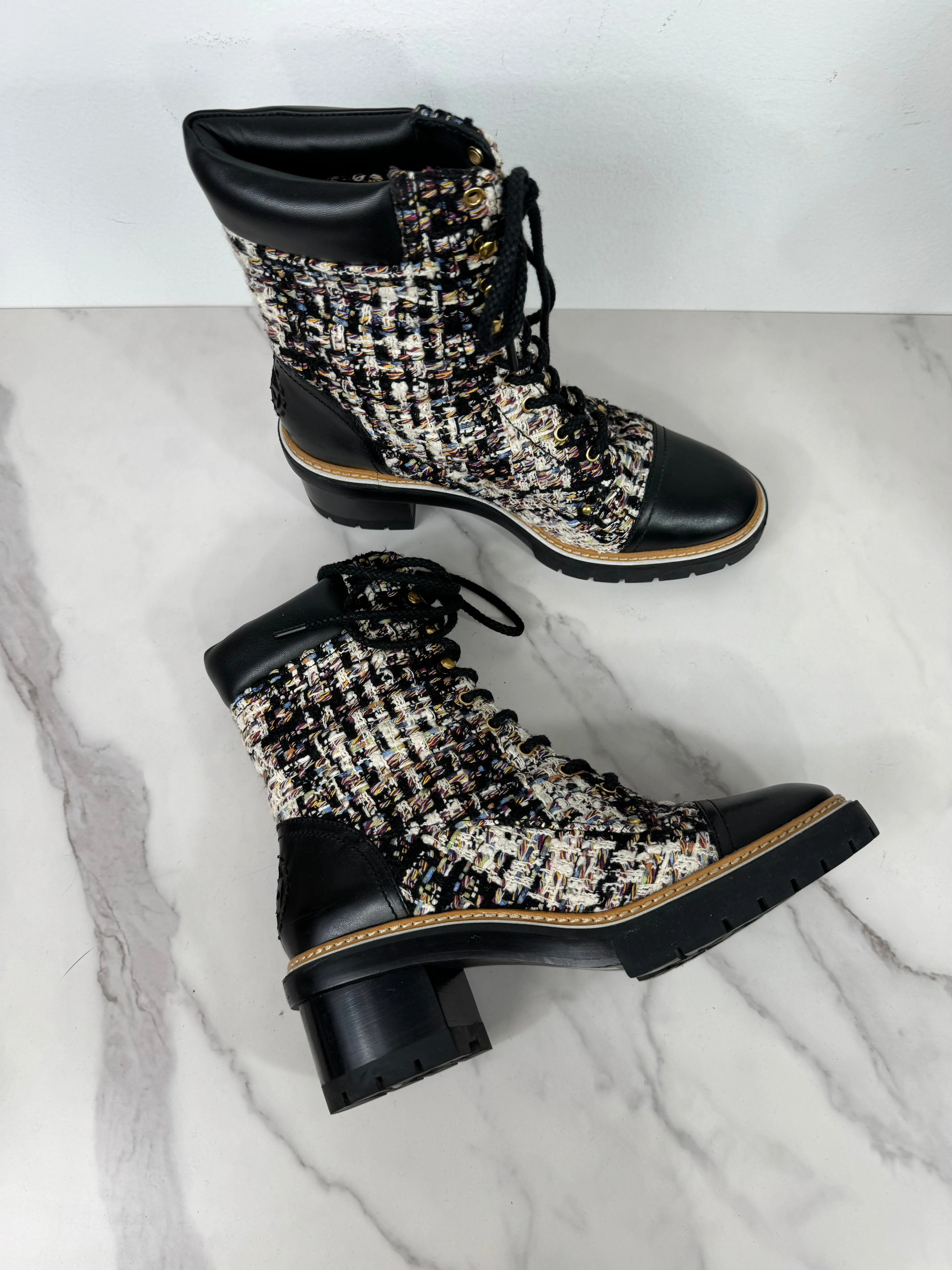 TORY BURCH MILLER TWEED MID CALFSKIN COMBAT BOOTS