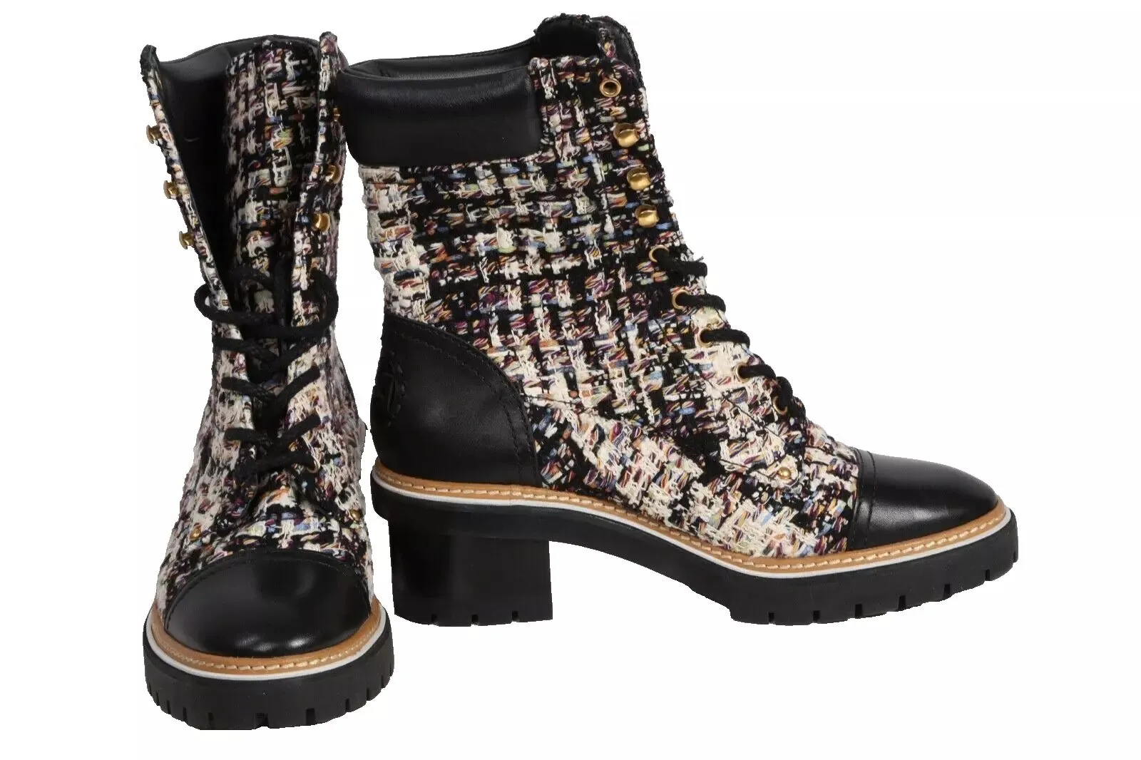 TORY BURCH MILLER TWEED MID CALFSKIN COMBAT BOOTS
