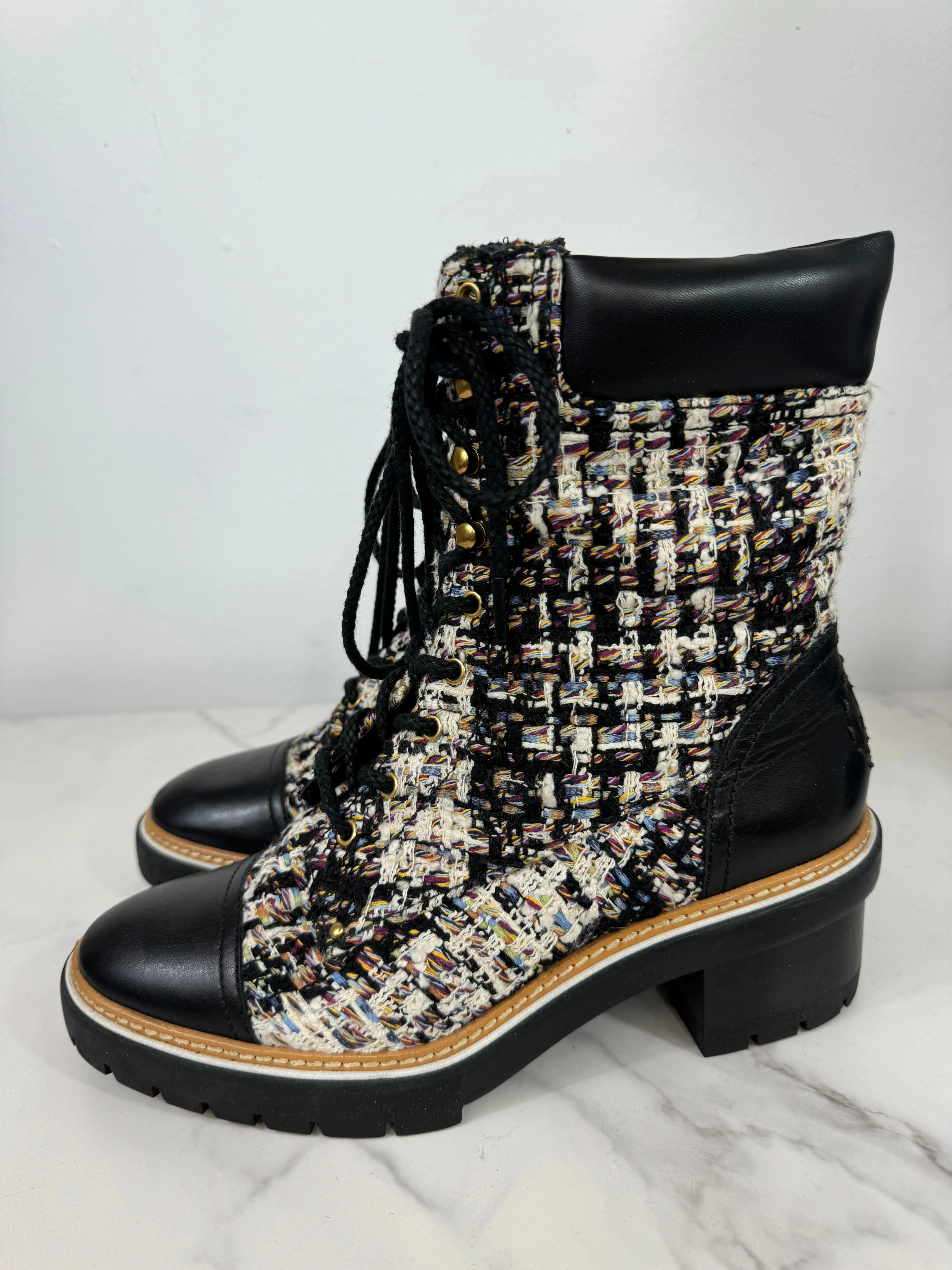 TORY BURCH MILLER TWEED MID CALFSKIN COMBAT BOOTS