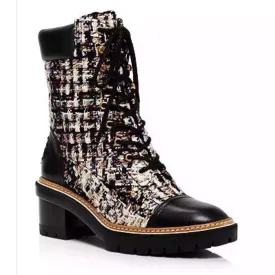 TORY BURCH MILLER TWEED MID CALFSKIN COMBAT BOOTS