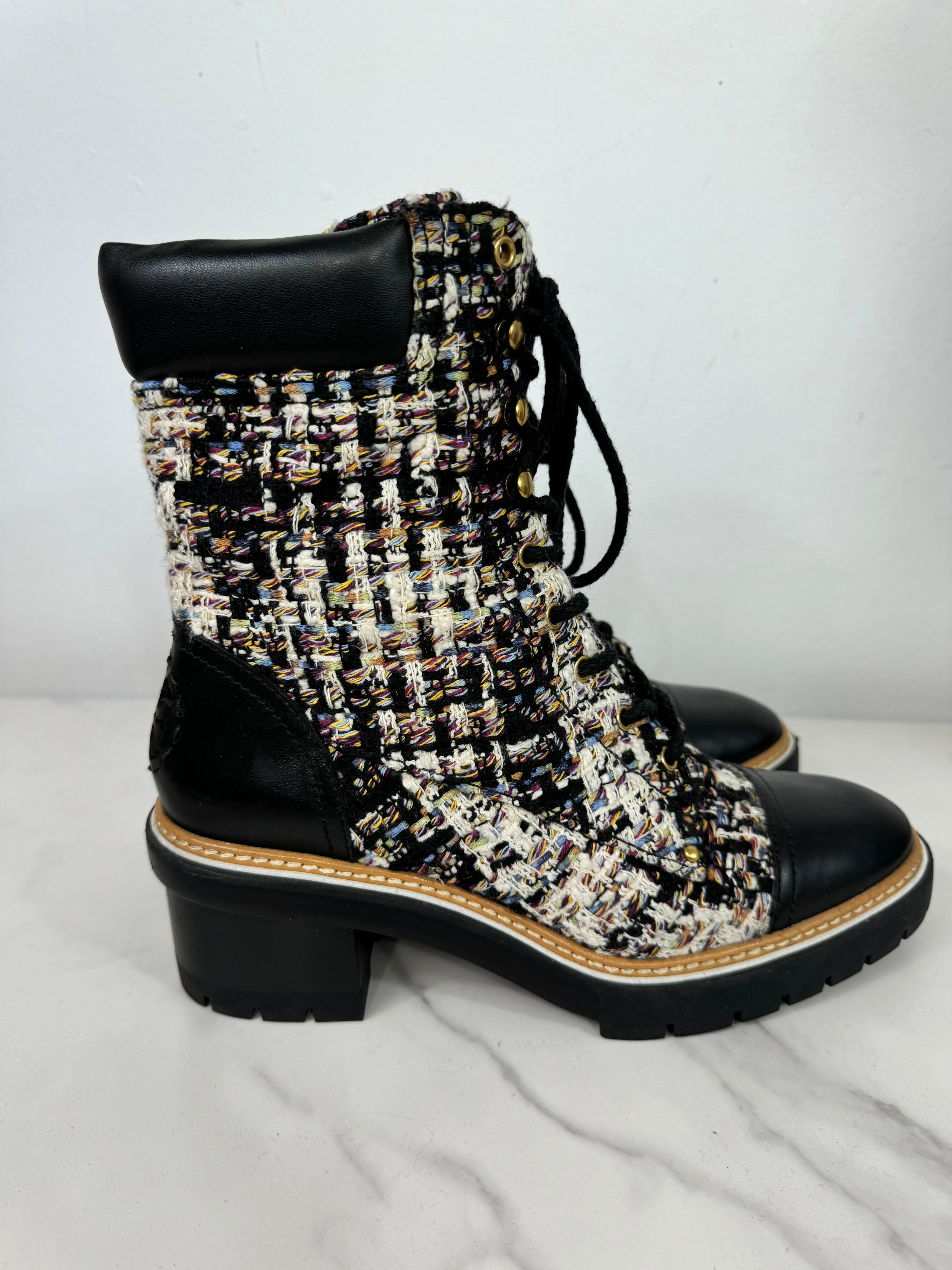TORY BURCH MILLER TWEED MID CALFSKIN COMBAT BOOTS