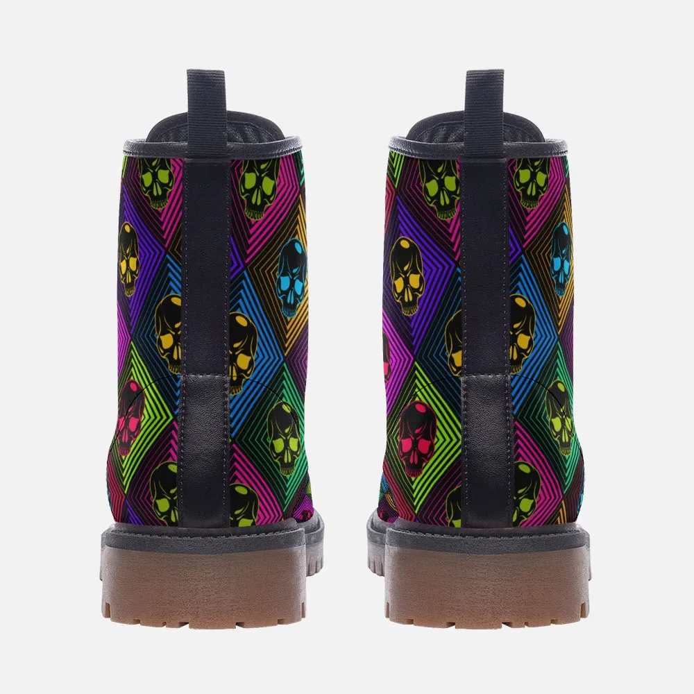 Vegan Leather Combat Boots, 80s vaporware, Skull, Macabre Ankle Boots
