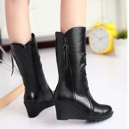 Women retro slouch mid calf wedge boots | Tassel zipper mid calf boots