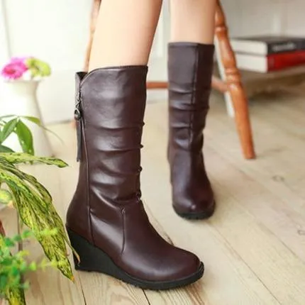 Women retro slouch mid calf wedge boots | Tassel zipper mid calf boots