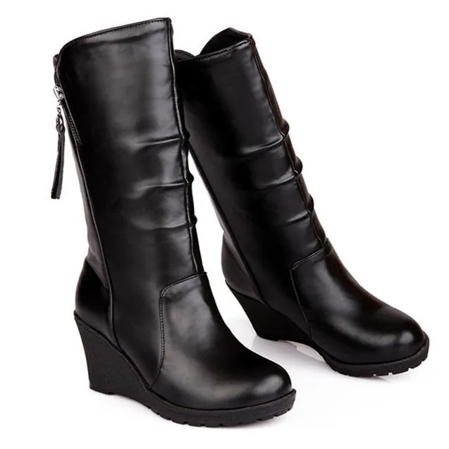 Women retro slouch mid calf wedge boots | Tassel zipper mid calf boots