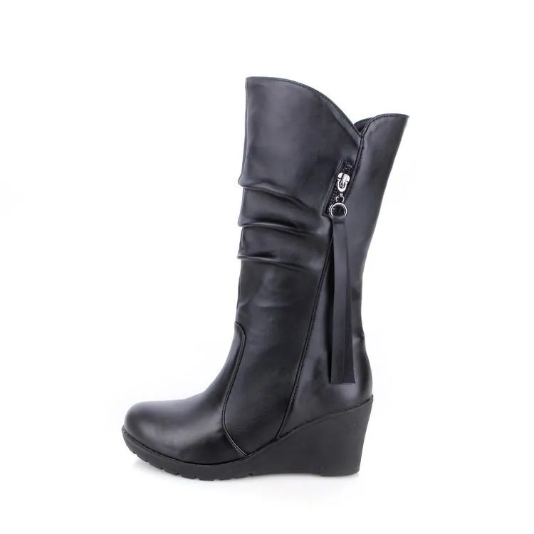 Women retro slouch mid calf wedge boots | Tassel zipper mid calf boots